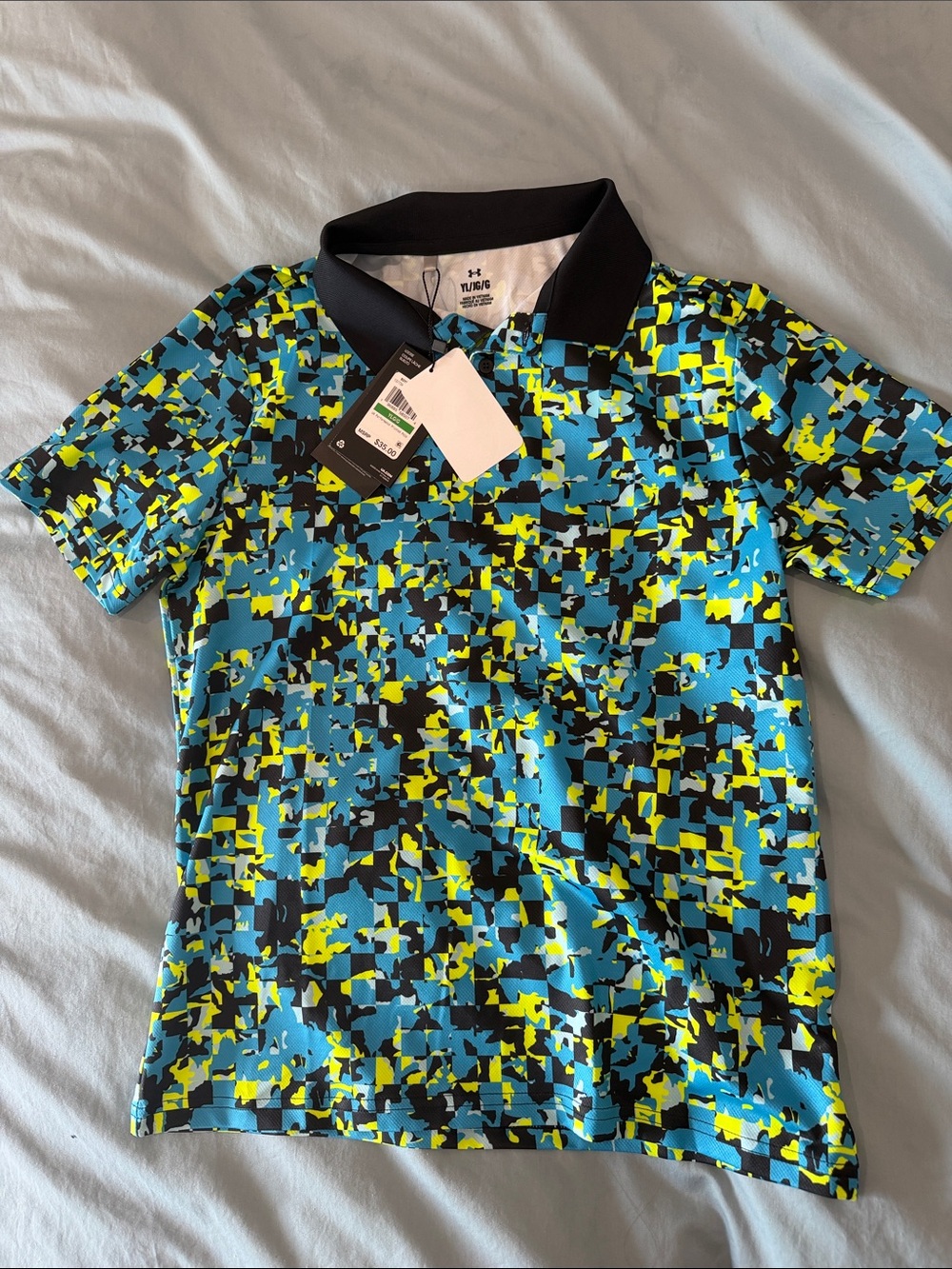 Under Armour Boys' Blue Black Neon Yellow Pixel-Print Polo
